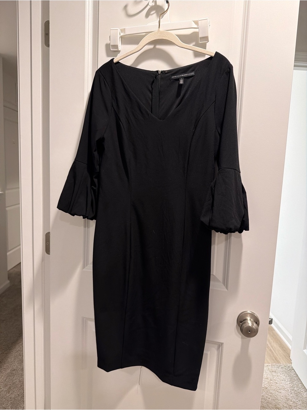 White House Black Market Black V-Neck Midi Sheath Dress with Ruffle Sleeves